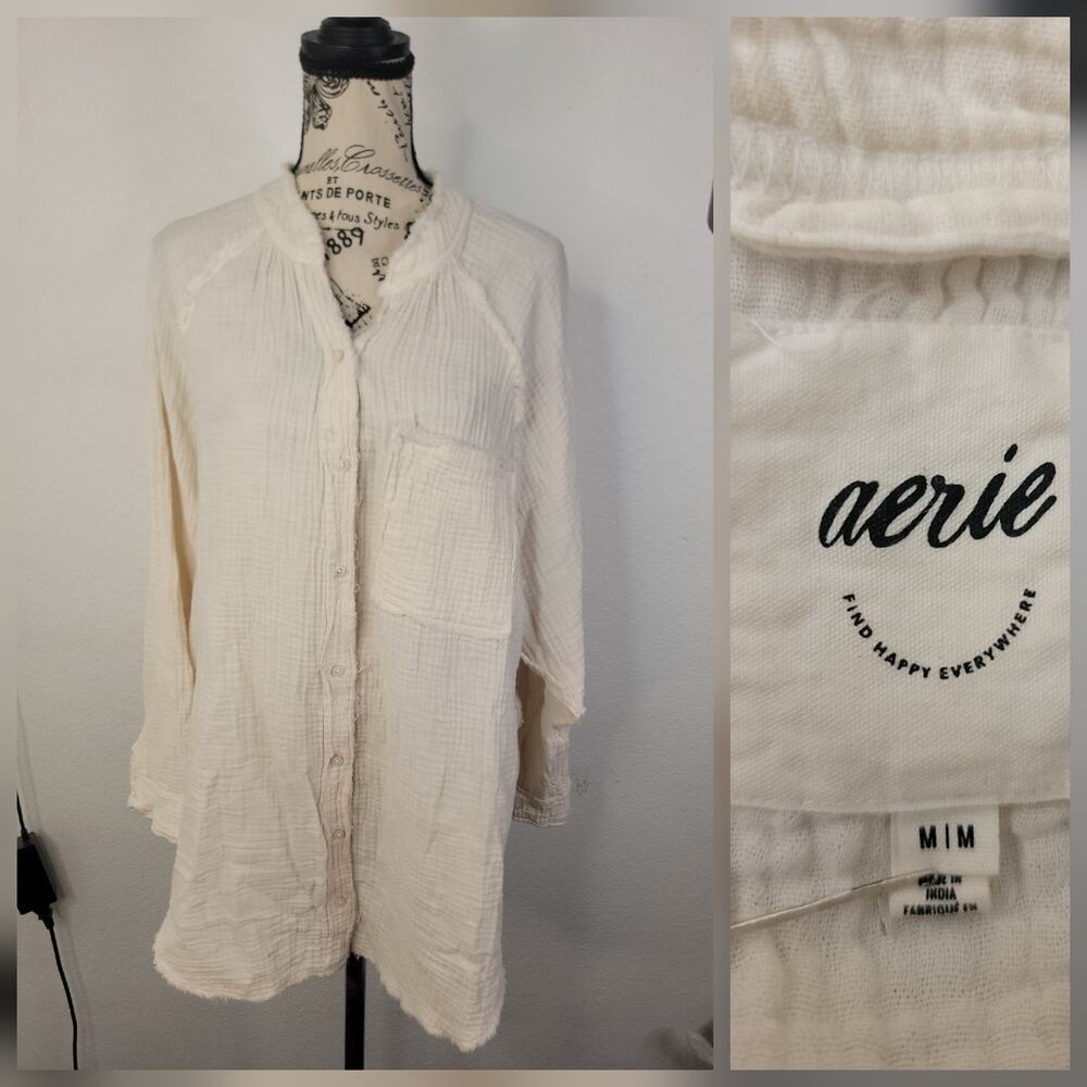 Aerie Button Down Shirt M Ivory Gauze Oversized Boho Long Sleeve Beachy Relaxed